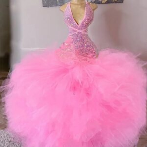Sparkly Pink Long Formal Prom Dress For Black Girls 2025 Sequine Ruffles Backless Birthday Party Gowns Robe De Soiree