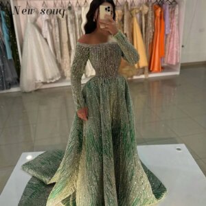 2024 Arabic Sparkling Green Boat Neck Evening Dresses Puffy A-Line Ruched Formal Gowns for Women’s Wedding Party Customized