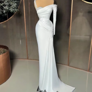 Formal Dubai One Shoulder Pearls Evening Dress Elegant Ivory Satin Wedding Reception Gowns Custom Made Plus Size Robe De Soiree