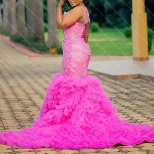 Hot Pink Mermaid Evening Dresses Tiers Pleats Shiny Crystals Beaded Sequin Formal Evening Party Reception Engagement Gowns