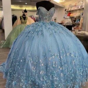 Light Blue Fairy Princess Quinceanera Dresses Ruffles Sparkly Train Applique Boning vestidos de quinceañera de lujo custom