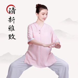 Tai Ji Suit Martial Arts Women Cotton and Linen Shadowboxing Exercise Clothing Summer Short-Sleeved Casual Eight-Section Brocade
