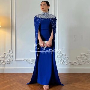 Luxury Beads Prom Dress High Neck Pearls Stones Royal Blue Arabic Evening Dresses for Dancing Long Cape Formal Occasion Gown