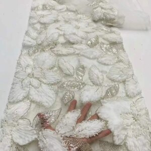 Wholesale Fashion French Embroidery Beaded Tulle Lace Fabric High Quality African Nigerian Sequin Lace Fabric for Wedding Dress