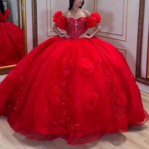 Red Shiny Quinceanera Dresses Off Shoulder Ball Gown Sweet 16 Dress Beading Crytal Applique Flower Tull Birthday Party Vestidos