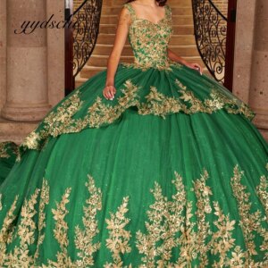 Customized Luxury Dresses Party Shiny Elegant Applique Lace Evening Court Train Prom Dress for Women Tulle 2024 Green Ball Gown