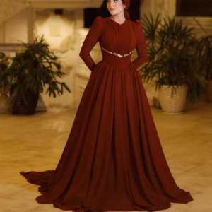 Customized A-Line Mermaid Prom Prom Dresses Floor-Length O-Neck Full Sleeve Formal Evening Gown Fashion Crystal Simple Draped