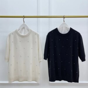 Autumn Women’s Round Neck Pullover Short Sleeve Cashmere Sweater Handmade Beaded All-Match Knitted Top