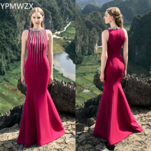 Customized Evening Dress Formal Party Occasion Prom Gown YPMWZX Scoop Neckline Mermaid Floor Length Skirts Draped Bead Sleeveles