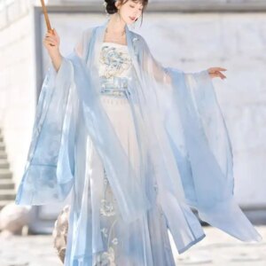 Hanfu Female Women Heavy Industry Embroidery Super Immortal Big Sleeved Shirt Waist Length Ru Skirt Suit Blue Cos Cosplay