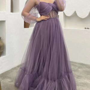 Vintage Long Square Collar Tulle Prom Dresses Full Sleeves A Line Sweep Train فساتين للمناسبات الخاصة