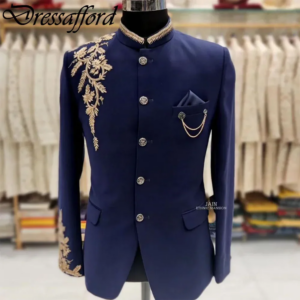 Blue Two Pieces Evening Party Men Suits Gold Appliques Lace Blazer Groom Wear ( Jacket + Pants )