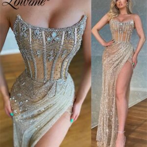 Hot Sexy Champagne Party Dresses Strapless With High Split Side Women Prom Dress Customize Crystals Floor Length Evening Gowns