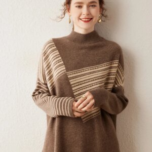 High Quality 2024 Autumn and Winter the New Sweater Women’s French Irregular Fringed Hem Half Turtleneck Color Matching Trendy