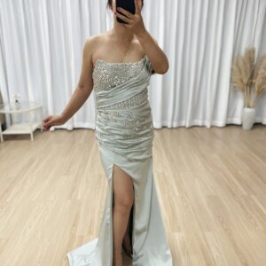 MYMB Arabic GREY BLUE Appliques Side Satin High Split Prom Dresses Elegant Women Customize Party Evening Dresses new MY30050-2