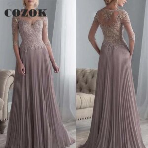 Beaded Chiffon Lace Half Sleeves Mother Of The Bride Dress Appliques Lace Formal Dress For Wedding Vestido De Madrinha SX75