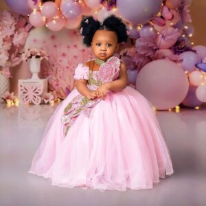 Pink Little Girls Birthday Party Dresses Customized Beaded High Neck Flower Girl Dresses Baby Kids Ball Gowns for Photo Shoot