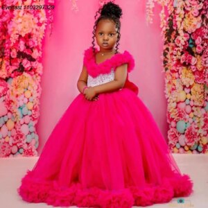 EVLAS Customized Pink Pearls Flower Girl Dress for Wedding Ruffles Holy Boho Tulle Kids Birthday First Communion Gown TFD155