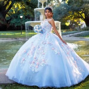 Customized Sky Blue Glamorous Ball Gown Quinceanera Dresses Prom Gown for Girl 3D Appliques Tulle Robe Quinceanera Rouge