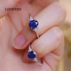 LUOWEND 100% 18K White Gold Rings Fashion Design Natural Diamond Natural Sapphire Engagement Ring for Women High Wedding Jewelry