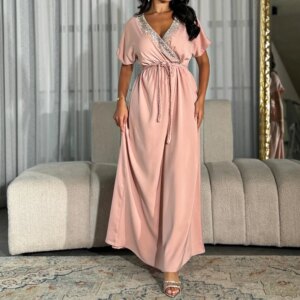 Customized High Quality Crystal Sashes V-Neck Ankle Length A-Line Vestidos De Fiesta Jersey Short Sleeves Girdling Vestidos Para