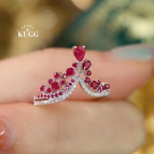 KUGG 100% 18K White Gold Rings Elegant Crown Design Shiny Diamond Natural Ruby Engagement Ring for Women High Wedding Jewelry