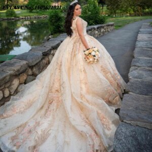 EVLAST Customized Champagne Quinnceanera Dress Ball Gown Lace Applique Beading Mexican Sweet 16 Vestidos De 15 Anos SQ502