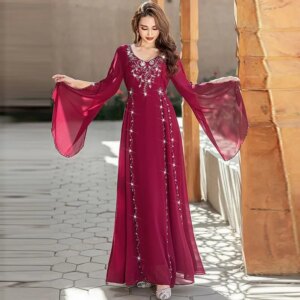 Middle East Dubai Women’s Handmade Beaded Dress Summer Wine Red Socialite Style Arab Robe