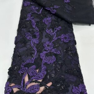 2025 Purple Luxury African French Tulle Lace Fabric 2025 High Quality Beaded Nigerian Sequin Lace Fabric for Party Dress Q417-1