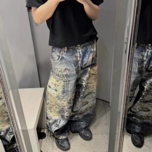 Graffiti Style Erosion Damage Wide-Leg Pants Men’s Loose Straight Casual Trousers Fashion