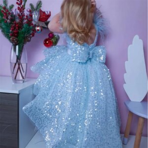 MisShow Blue Glitter Beads Flower Girl Dresses 2-14 Years Children’s Feather Bow Princess Wedding Party Ball Gown Communion Kid