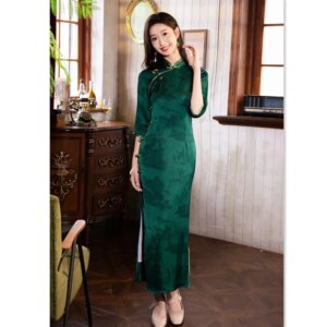 Old Shanghai Retro Chinese Style Traditional Long Mid-Sleeve Cheongsam Qi Pao Autumn New Ladies’ Banquet