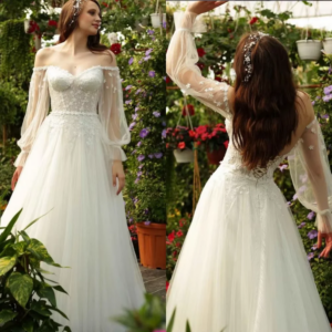 Customized A-Line Prom Dresses Ankle-Length Off The Shoulder V-Neck Full Sleeve Evening Gown Simple Flowers Backless Lace-Up
