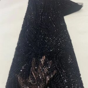 Luxury Beaded Lace Fabric Wedding 5 Yards Embroidered Dubai 2025 Black Lace Fabric With Sequins Sewing For Wedding Dress A1087-1
