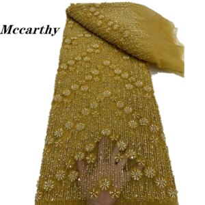 African Light Luxury Tulle Lace Fabric 5yards 2024 New High Quality Nigerian Sequins Beads Tulle Lace Fabric For Sew Wedding