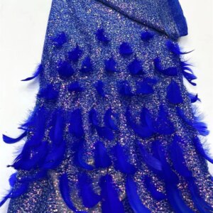 Nigerian Lace Fabric 2025 High Quality Fashion Feather Lace Fabric For Wedding Dress African Royal Blue Lace Fabric 5Yar A1037-1