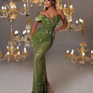 Elegant Green Pearls Evening Dresses Crystals Beaded Appliques Party Prom Dress Wedding Robe De Soiree Customized Gala Vestidos