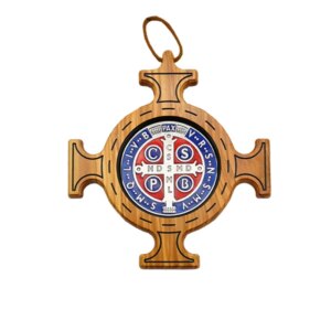 Christianity Olive Wood Cross, Saint Benedict’s Plaque, Enamel 20x20cm, Italy
