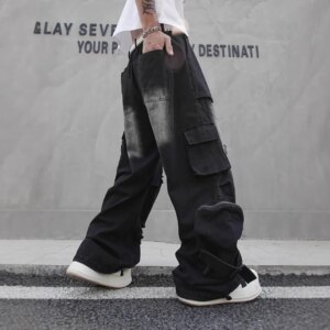 Street Dance Overalls Men’s Hip Hop Jeans Straight Waste Soil High Multi-Bag Mop