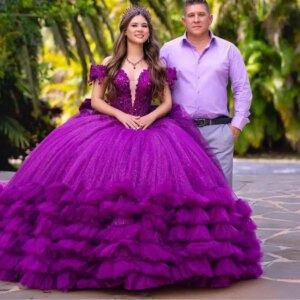 Customized Shiny Purple V-neck Off Shoulder Quinceanera Dress applique Tull Bow Outer layer gauze vestidos de 15 Quinceanera