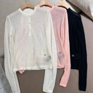 Women’s L*P Knitted Cardigan Hollow Out Front Buttons O-Neck Long Sleeve Casual Female Sweater