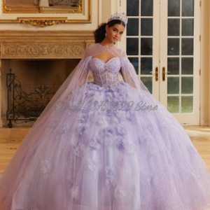 Elegant Lavender Purple Princess Prom Dresses New Sheath Stereoscopic Floral Beaded Sequins Removable Shawl Quinceanera Custom
