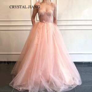Classy Long Pink Spaghetti Straps Tulle Prom Dresses Sleeveless A Line Sweep Train Vestidos De Noche Elegantes 2024