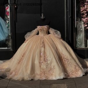EVLAST Customized Shiny Champagne Quinceanera Dress Ball Gown Lace Applique Diamonds Beading Sweet 16 Vestido De 15 Anos E1Q349