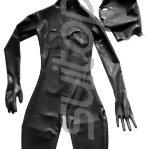 women’s full cover body catsuit with back to waist in black with gloves socks attahced hoods separated bust and crotch holes