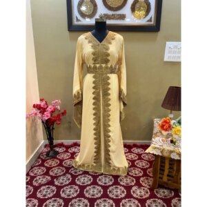 Dusty-Yellow Islamic Elegance Kaftan African Attire Bridesmaid Party Wear Dress