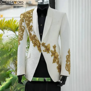 White Jacquard Groom Wear Appliques Beading Crystal Formal Men Suits 2 Piece Jacket And Pants Sets Smart Casual Business Blazer