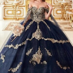 Customized Shiny Dark Blue Quinceanera Dresses Beaded lace decal Detachable cape layered skirt Vestidos De 15 Anos 24