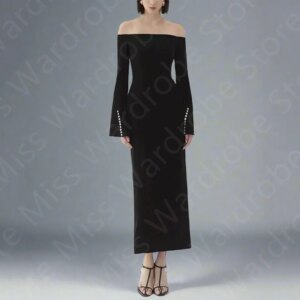 Customized New Arrival Prom Dresses 2025 Black Wedding Party Dresses Off Shoulder Long Sleeves Evening Gowns Mid Calf Length