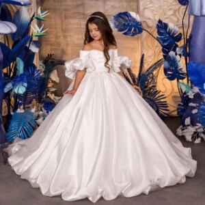 Off The Shoulder Flower Girl’s Dresses For Wedding Customized Beading Princess Baby Birthday Party Gowns First Communion Dress